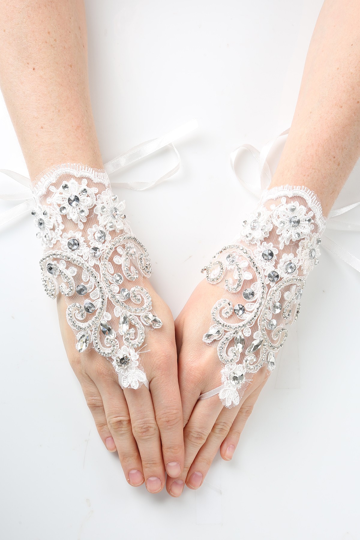 Elegant rhinestone lace fingerless gloves with sash tie back.