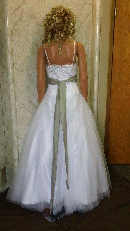 white wedding gown with gray sash