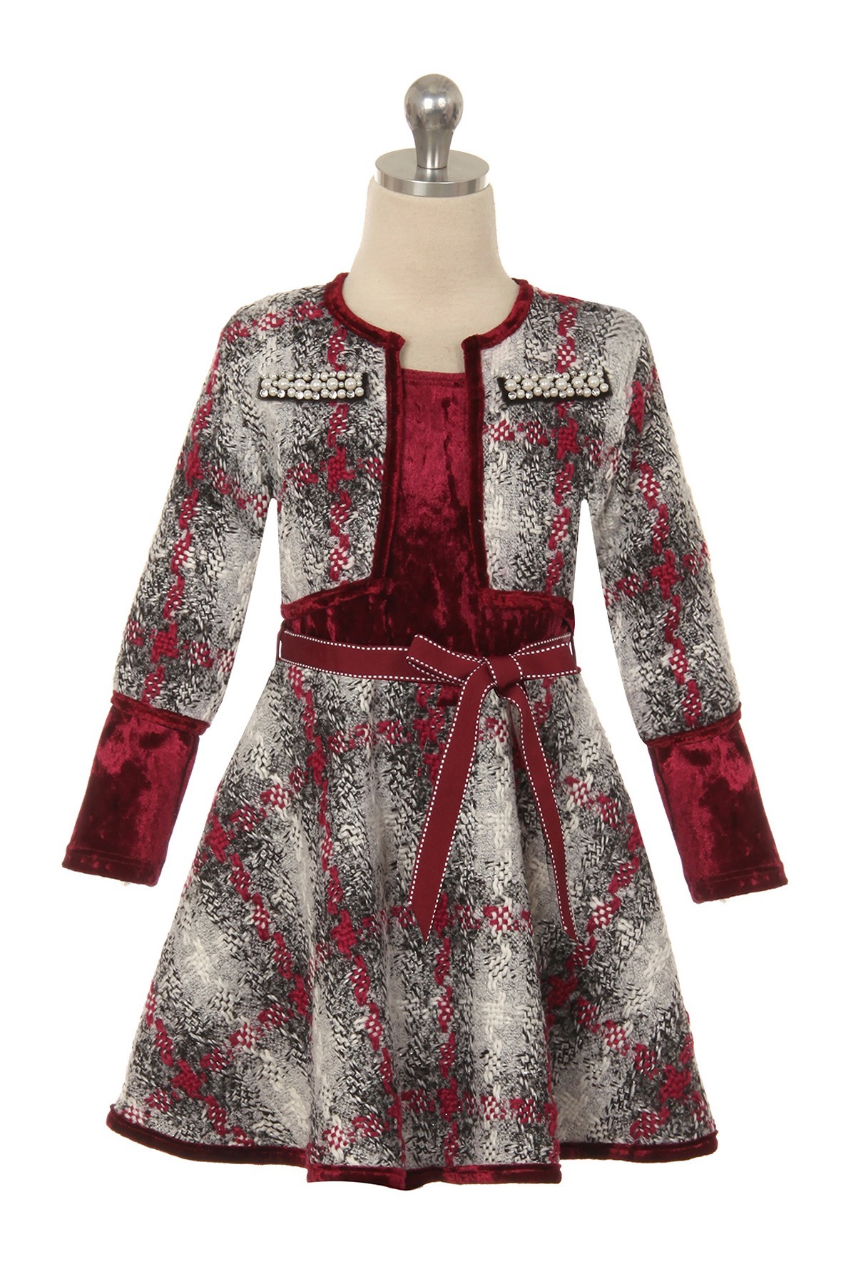 Dress for winter in this burgundy plaid skirt & jacket dress with velvet top.