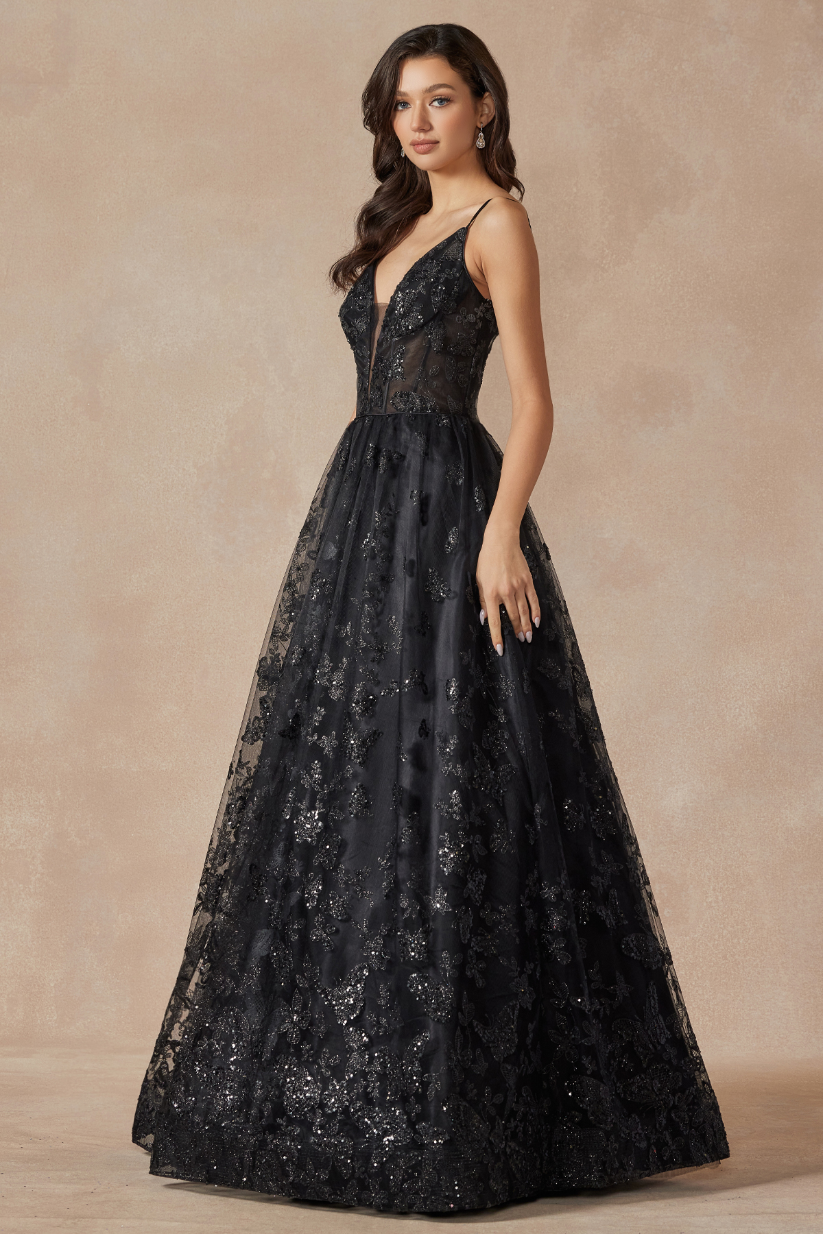 black butterfly emboridered gown