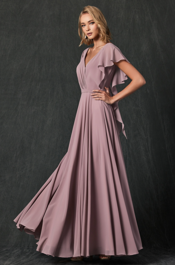 mauve dress with flutter sleeves