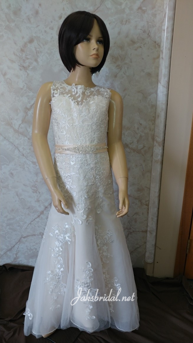 Lace flower girl dress with beaded sash.  