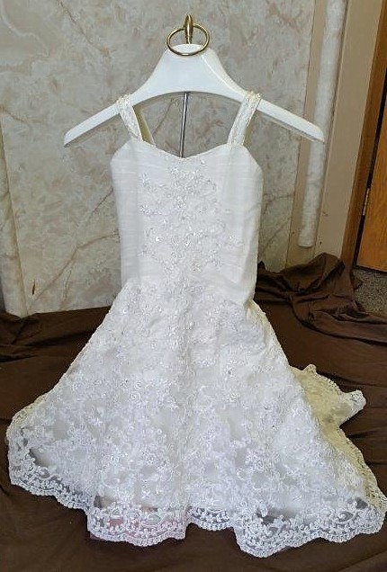 Beaded lace trumpet baby wedding dress with train.  Infant replica match of brides wedding gown.