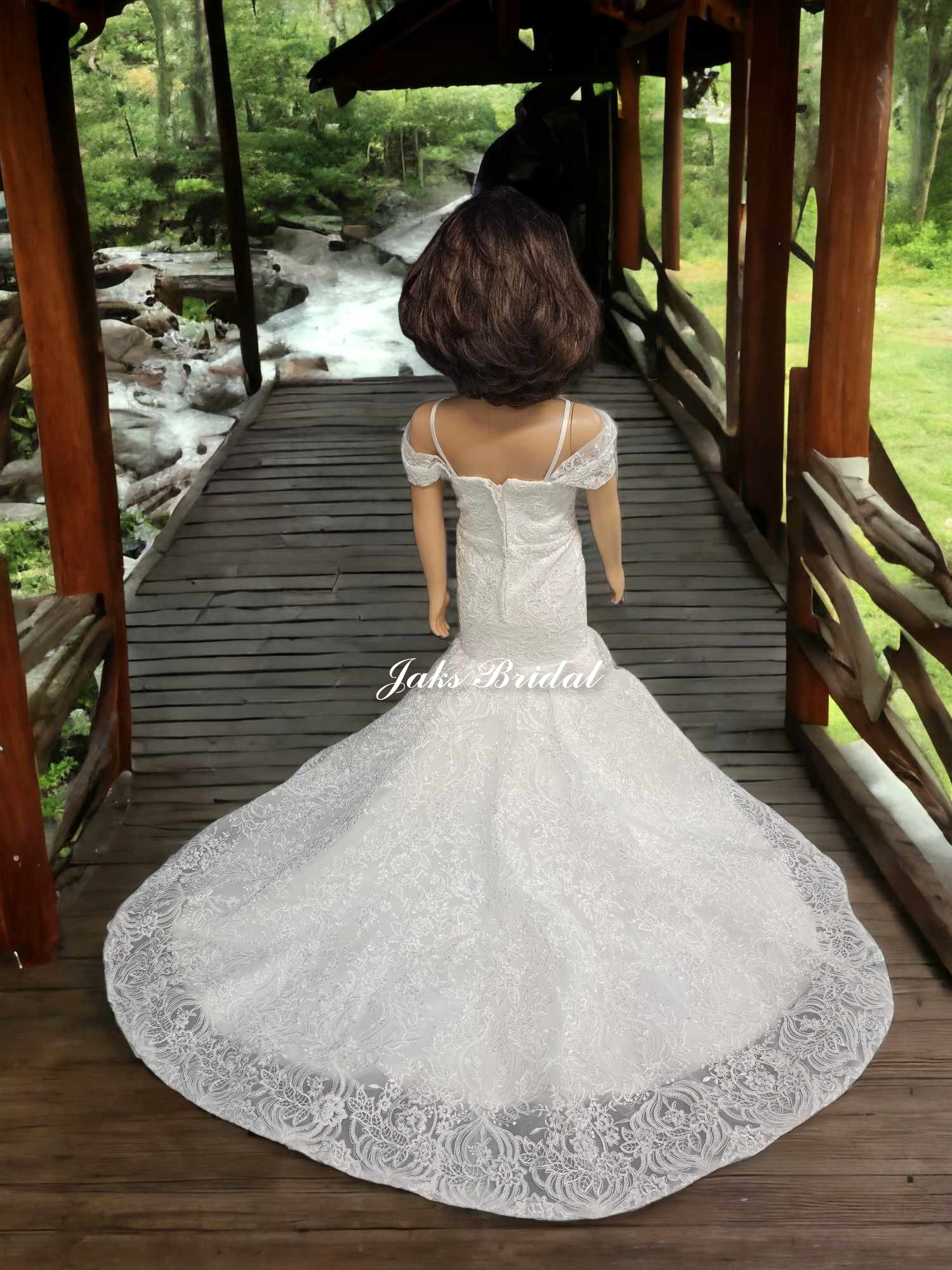 lace fit and flare flower girl dress with cathedral train