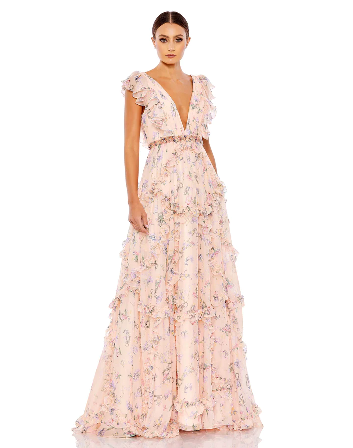 RUFFLED FLORAL PRINT CAP SLEEVE GOWN.