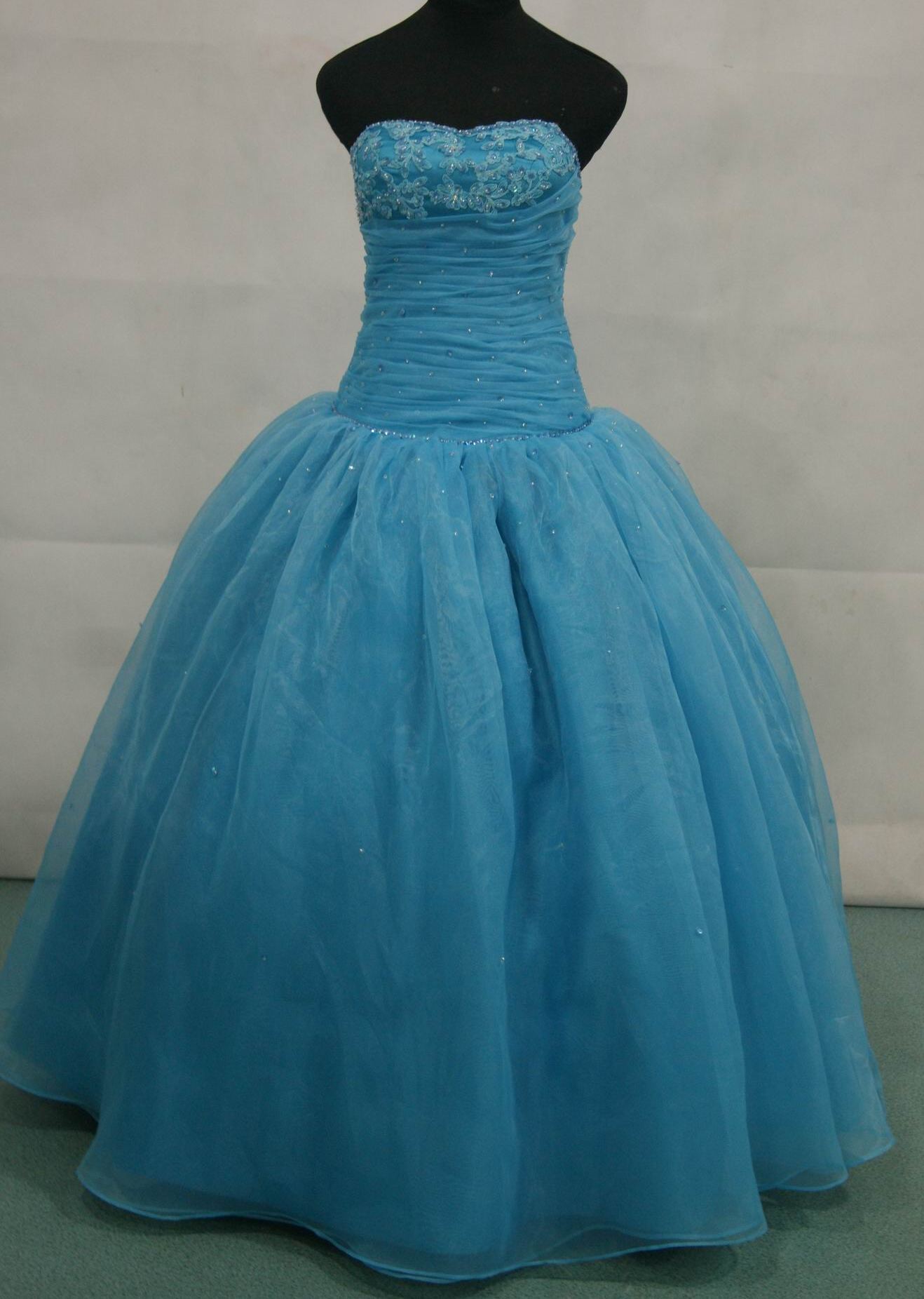 blue stapless beaded prom dress