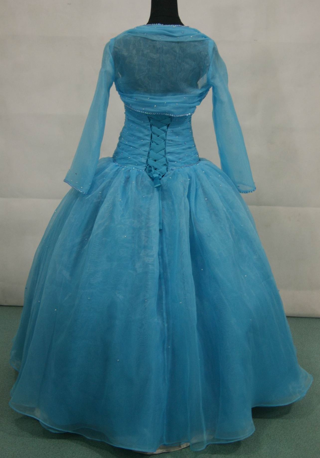 blue stapless beaded prom dress with sheer bolero jacket