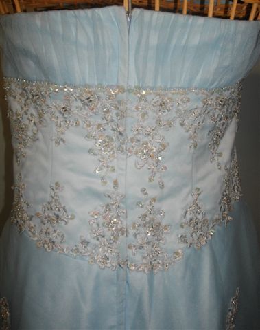 blue strapless ball gown back