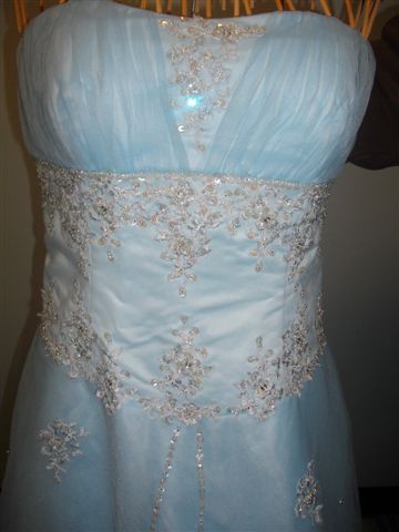 blue strapless ball gown