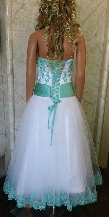 white dress with seafoam green trim