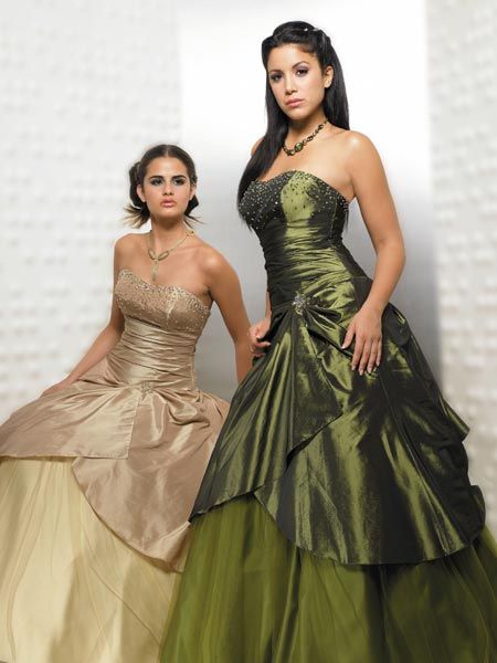 green strapless tiered ball gown