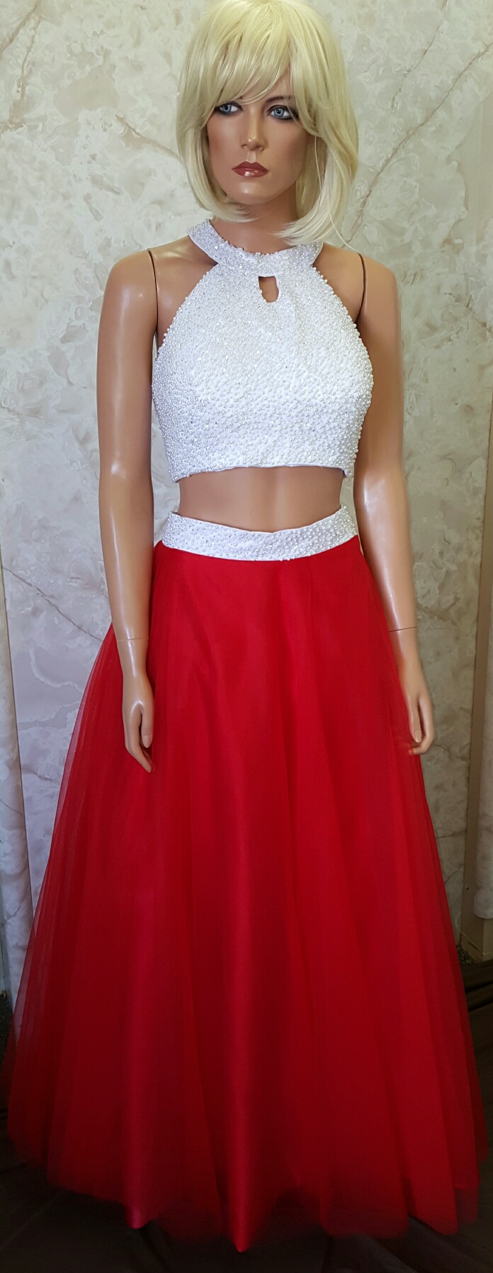 red and white crop top prom dress