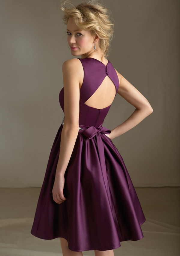 short purple bridesmaid dress with sash