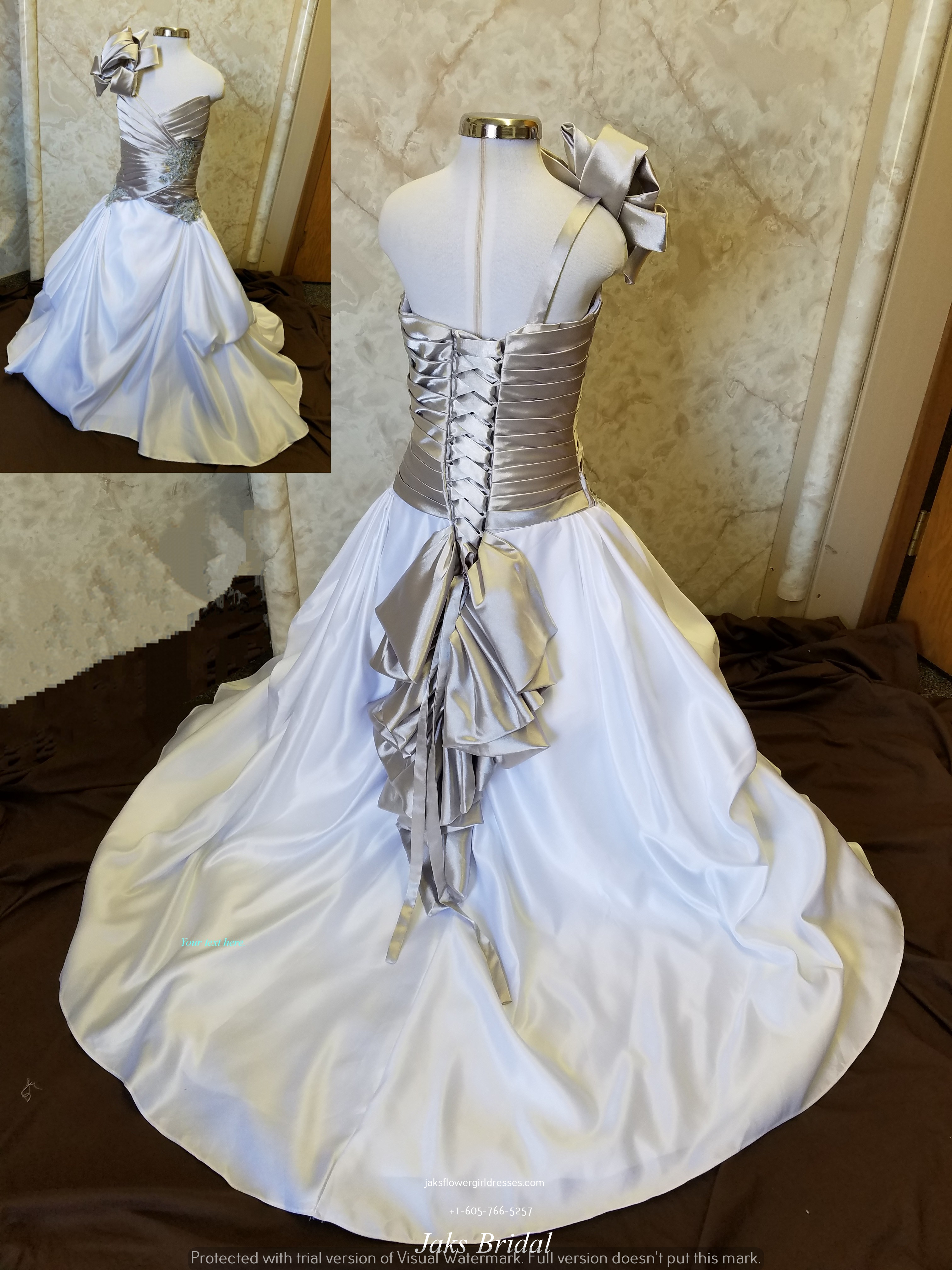 silver and white flower girl dress
