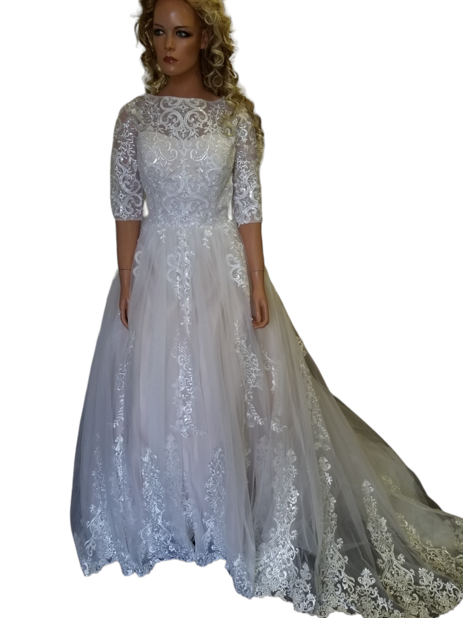 3/4 sleeve a-line wedding gown 