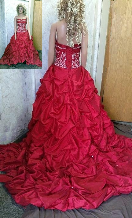 Red wedding gown with pick up train