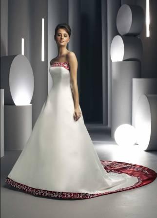 Strapless white and apple red wedding dress