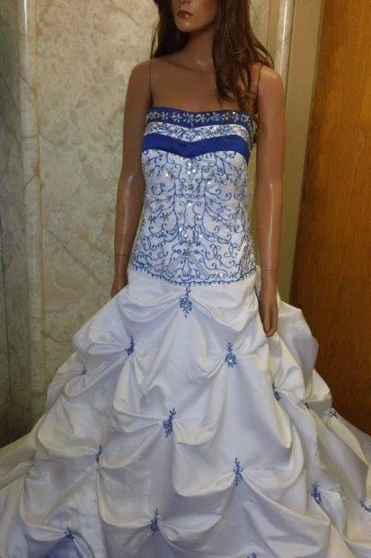 white and bright blue wedding gown
