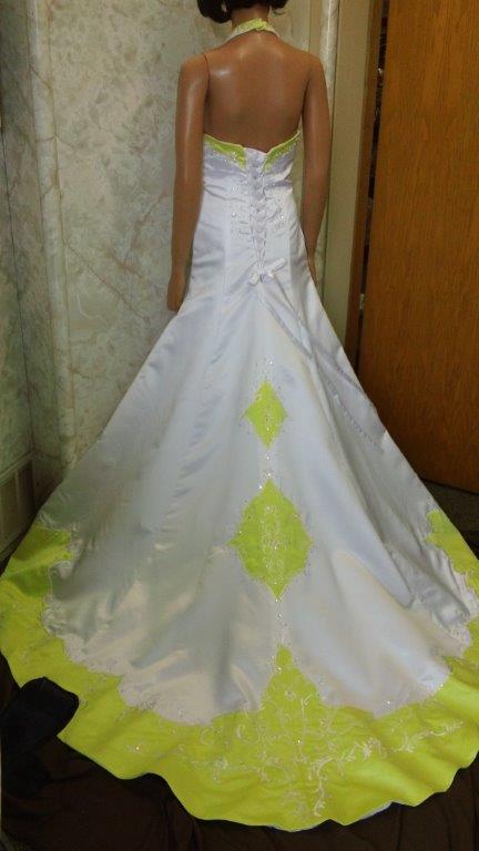 white and yellow halter wedding dress