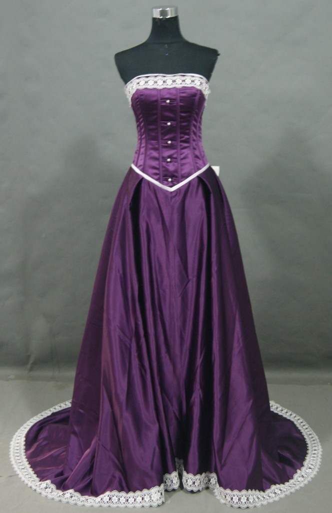 purple silk prom dress with ivory lace