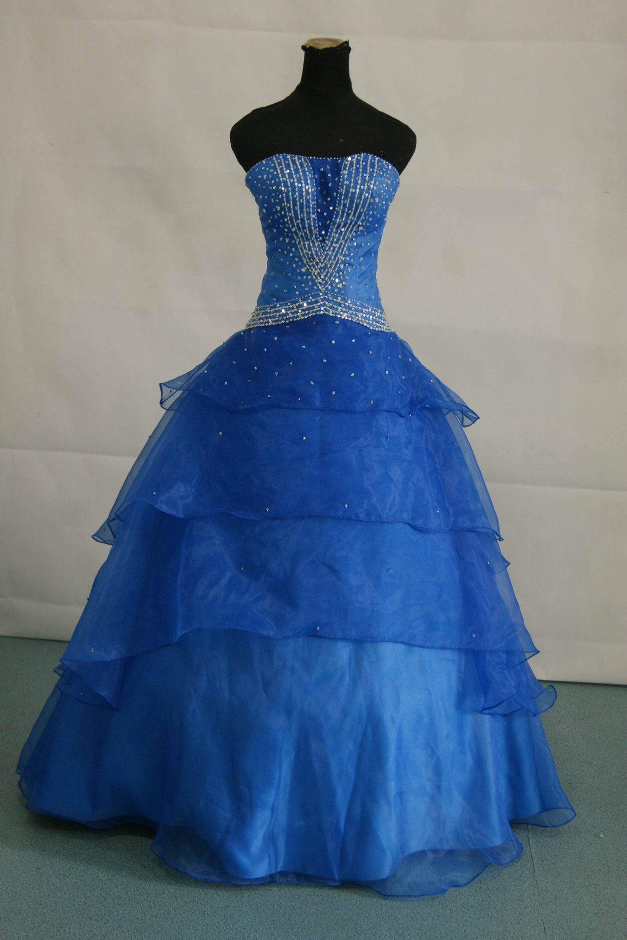 prom dress, royal blue, sequin and clear beaded embroidery