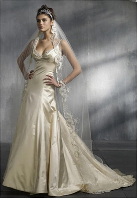 Silk low cut spaghetti-strap Wedding Gown