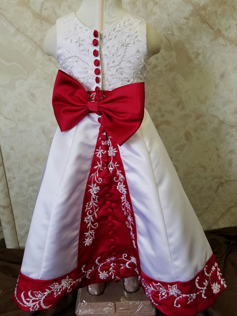 white and red infant flower girl dress