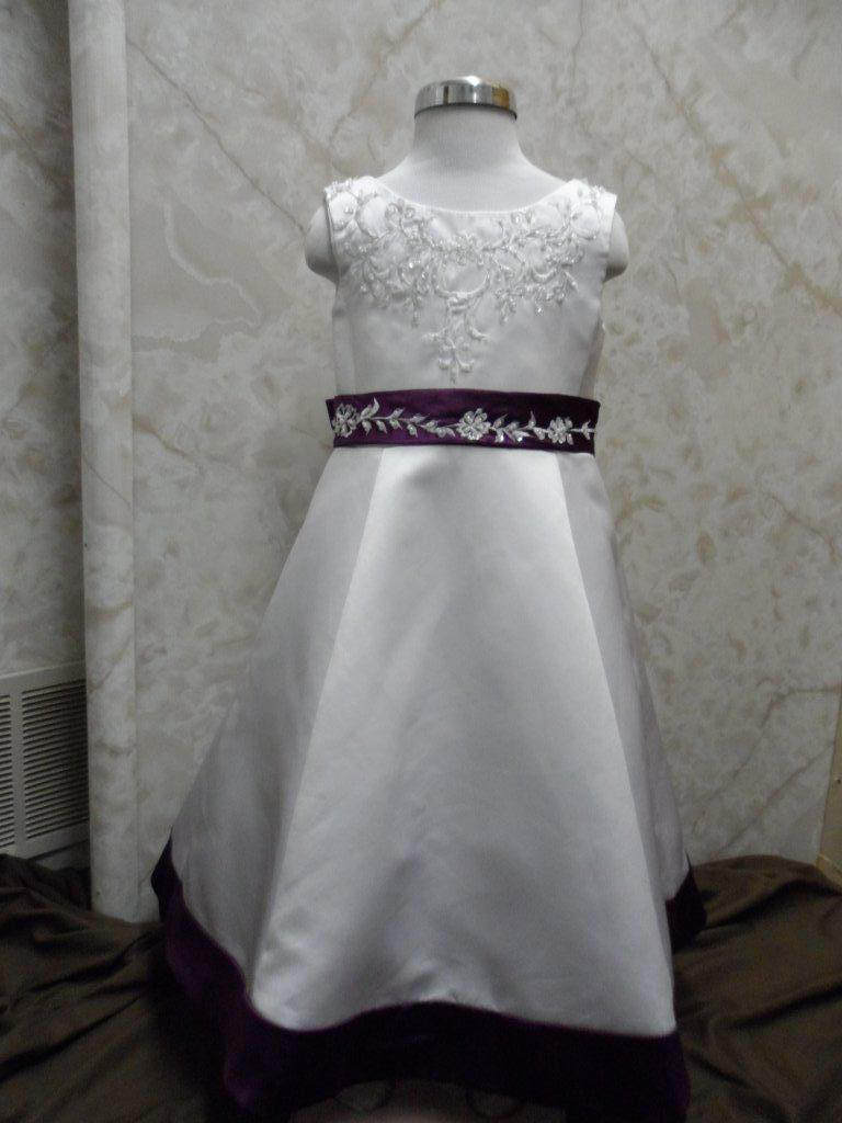 White Flower Girl Dress with grape empire waist band