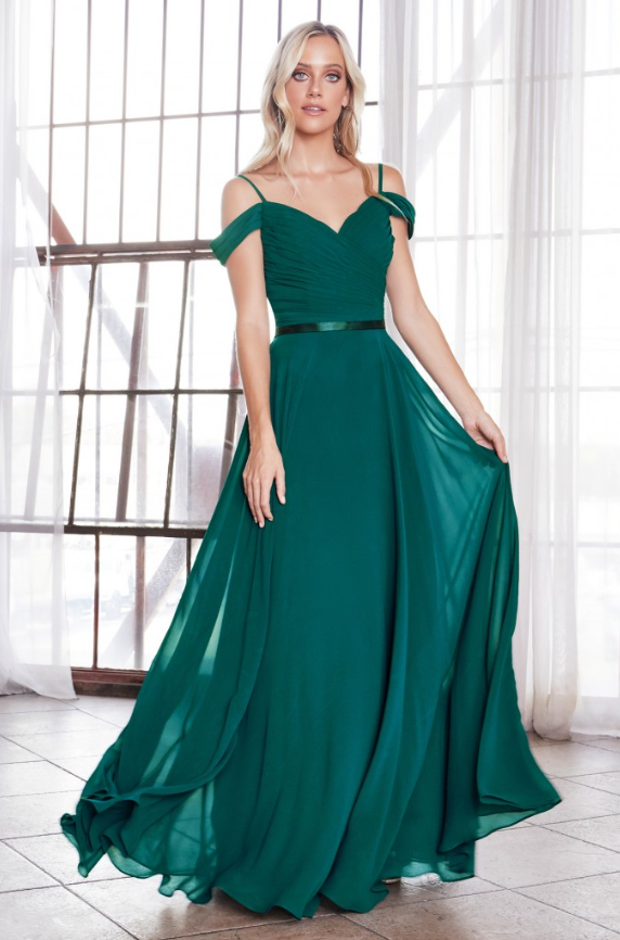 emerald Cheap burgundy plus size A-line chiffon floor length bridesmaid dress with pleated bodice, off-shoulder neckline, spaghetti straps and a belt.