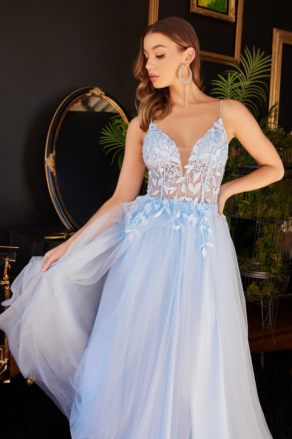 Floral lace plunging neckline gown