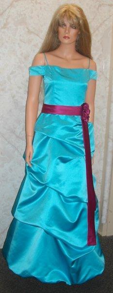 Pool blue dress with Fushia sash