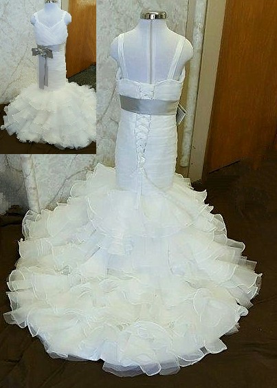 ivory wedding dress with gray sash