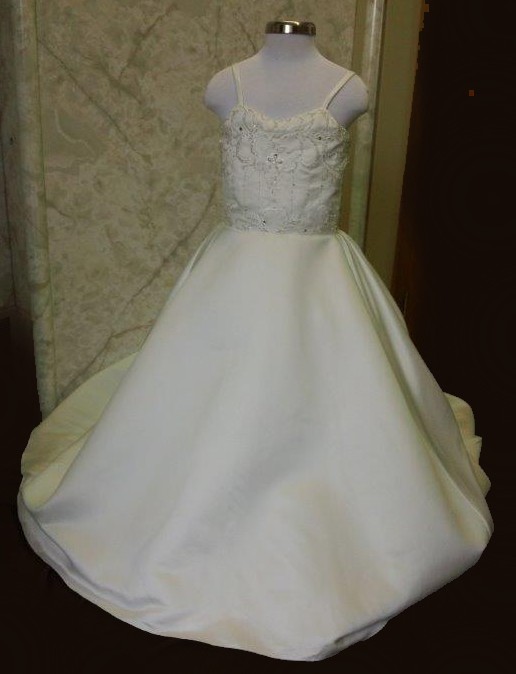 Mini bride dress with train, available to ship.  Light ivory beaded embroidered gown with waterfall train.