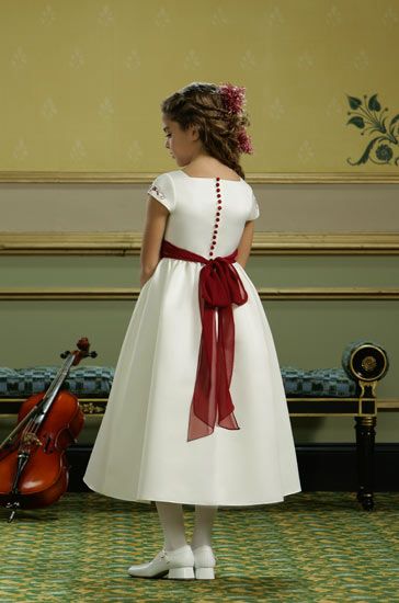 white and red tea length flower girl dress