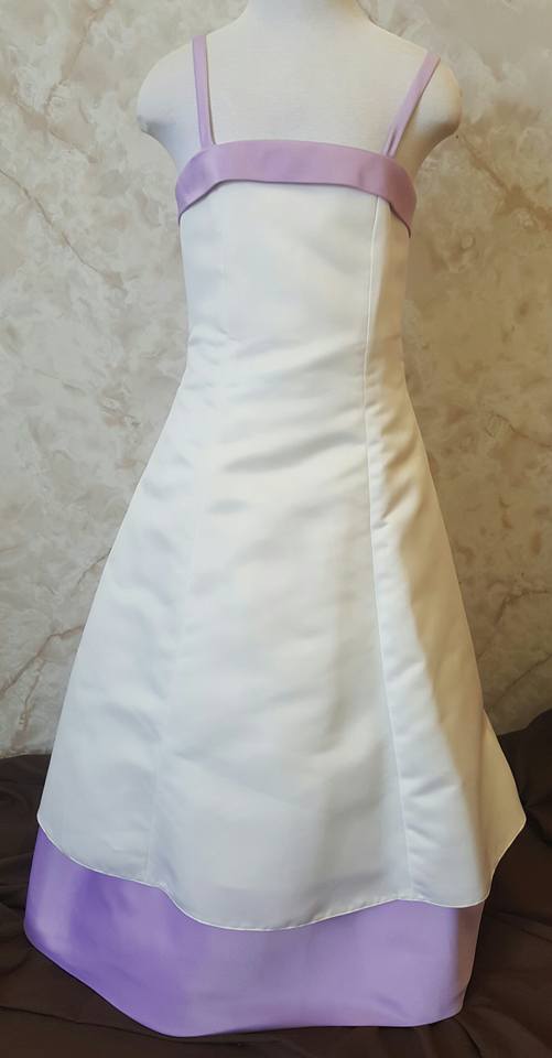 White dress with lavender trim 