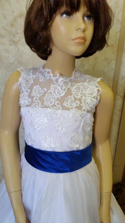 white flower girl dress with royal blue