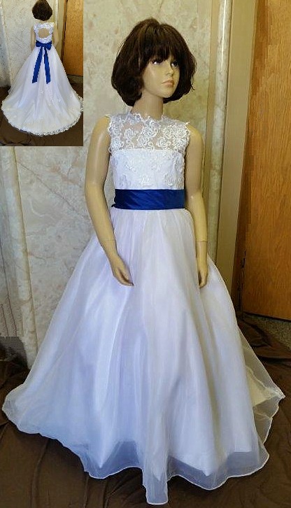 white flower girl dress with royal blue