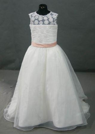 white lace dress with train with apricot sash