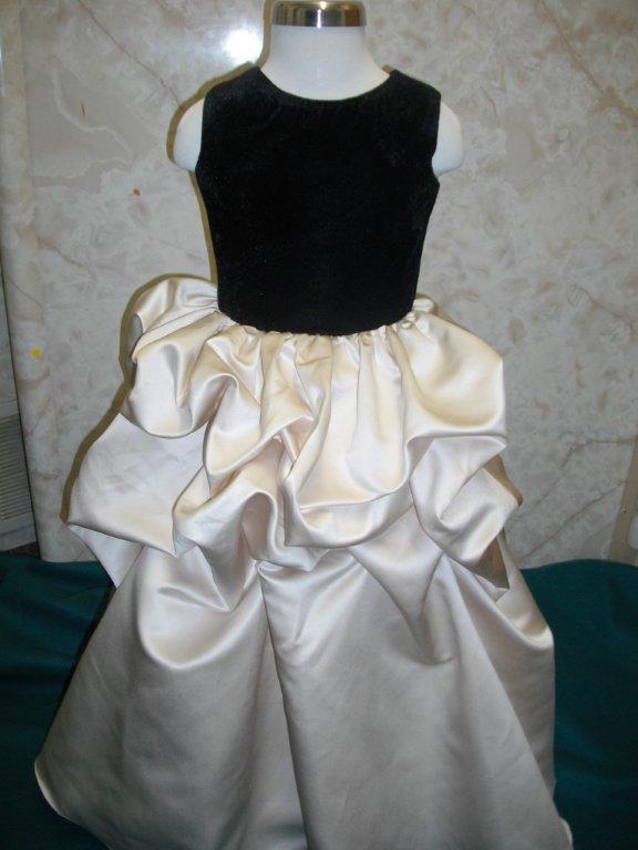 champagne ruched dress with black velvet bodice and matching 3/4 sleeve jacket
