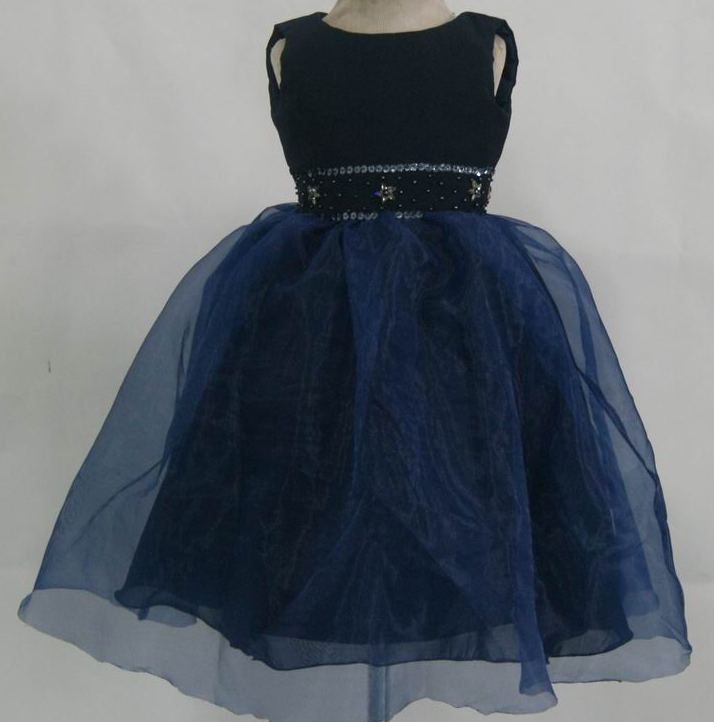 navy blue girls sleeveless dress in satin and organza