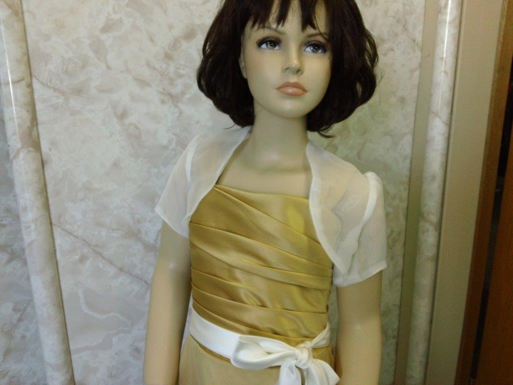 long gold junior bridesmaid dress with organza jacket