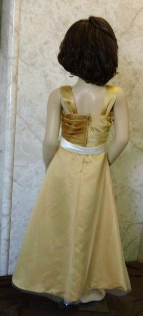 Girls long gold dress sale with ivory sash, pleated bodice and tulle overlay.  Girls Size 8 is on sale for $40.