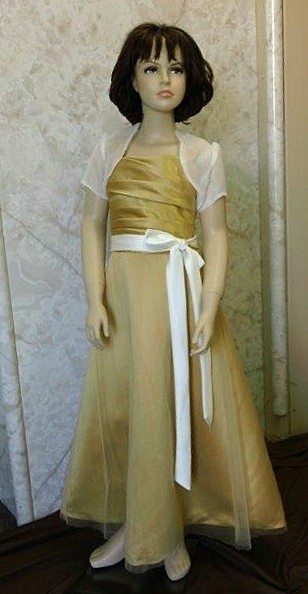 long gold junior bridesmaid dress with organza jacket
