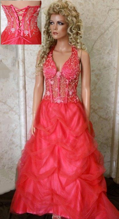 coral see through bodice prom gown