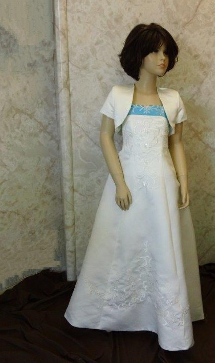 long ivory flower girl dress with pool blue