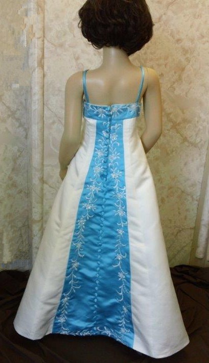 long ivory flower girl dress with pool blue