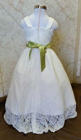 Ivory flower girl dress with mint green sash
