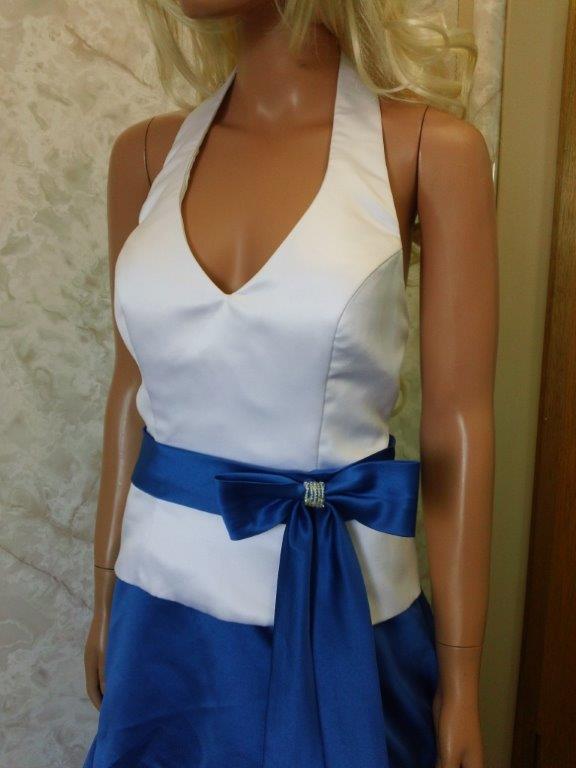 royal blue and white halter wedding gown