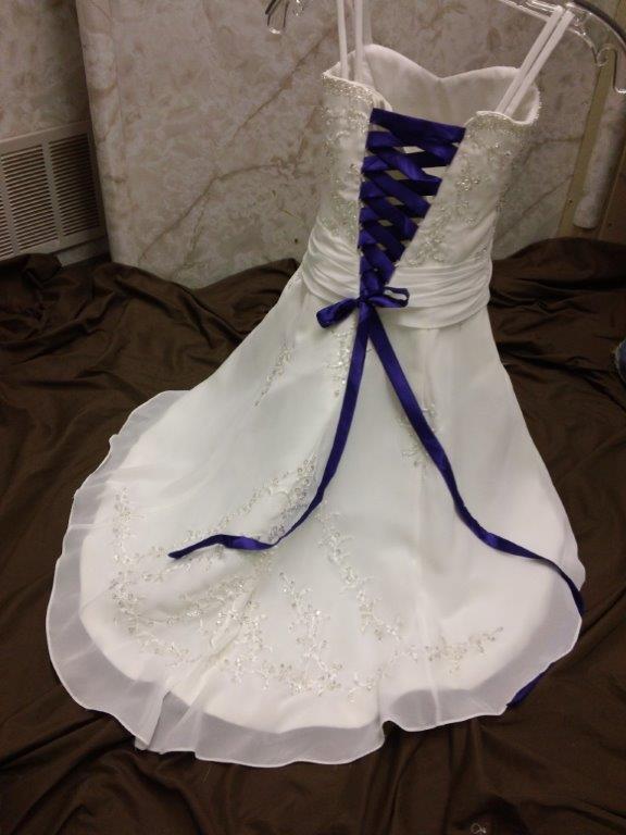white flower girl dress with blue corset lace up