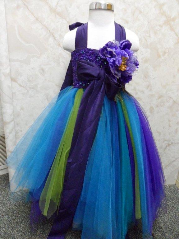 blue green turquoise girls peacock pageant dress